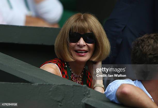 Anna Wintour, editor of American Vogue watches on Centre court during day four of the Wimbledon Lawn Tennis Championships at the All England Lawn...