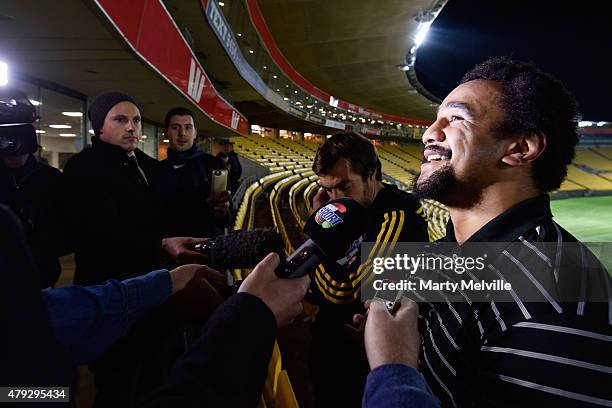 Captain of the Highlanders Nasi Manu speaks to the media during the Super Rugby Final media opportunity at Westpac Stadium on July 3, 2015 in...