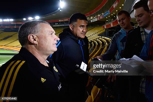 Head coach of the Hurricanes Chris Boyd speaks to the media during the Super Rugby Final media opportunity at Westpac Stadium on July 3, 2015 in...