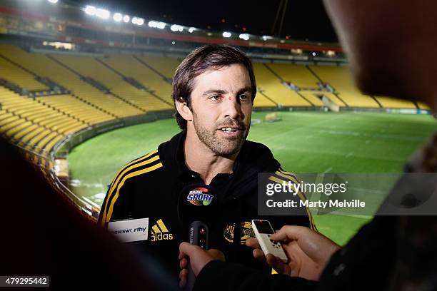 Captain of the Hurricanes Conrad Smith speaks to the media during the Super Rugby Final media opportunity at Westpac Stadium on July 3, 2015 in...