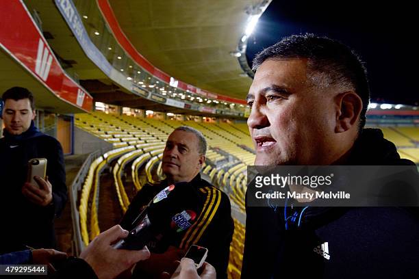 Head coach of the Highlanders Jamie Joseph speaks to the media during the Super Rugby Final media opportunity at Westpac Stadium on July 3, 2015 in...