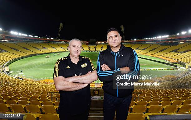 Head coach of the Hurricanes Chris Boyd with head coach of the Highlanders Jamie Joseph during the Super Rugby Final media opportunity at Westpac...