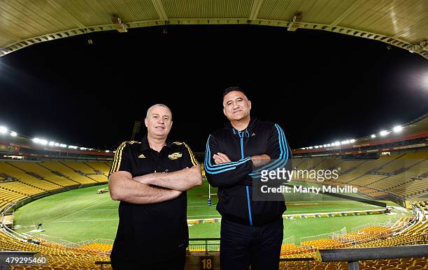 Head coach of the Hurricanes Chris Boyd with head coach of the Highlanders Jamie Joseph during the Super Rugby Final media opportunity at Westpac...