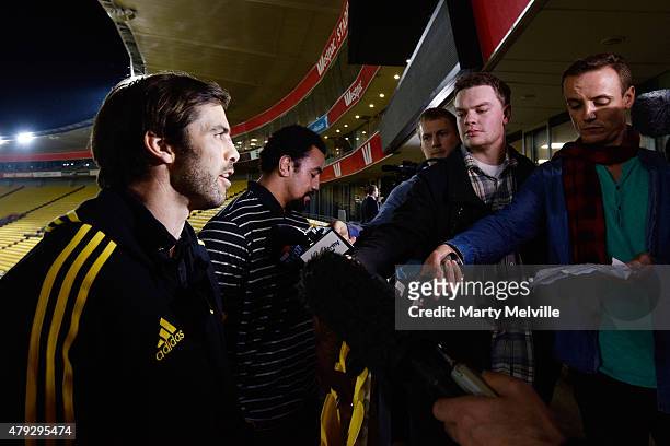 Captain of the Hurricanes Conrad Smith speaks to the media during the Super Rugby Final media opportunity at Westpac Stadium on July 3, 2015 in...