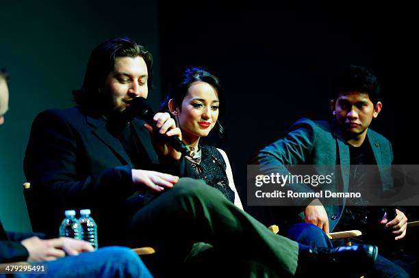 Director Gareth Evans, Julie Estelle and Iko Kuwais attend Meet The Filmmakers: Gareth Evans, Iko Kuwais and Julie Estelle "Raid 2" at Apple Store...