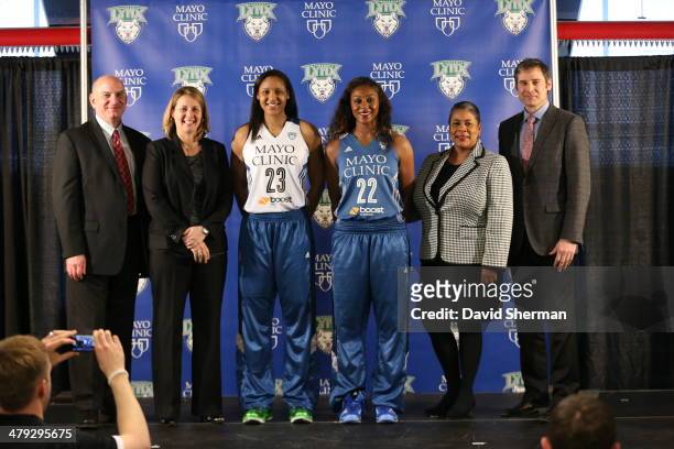 Commissioner Laurel Richie, Executive Vice President Roger Griffith, Head Coach Cheryl Reeve players Maya Moore and Monica Wright of the Minnesota...