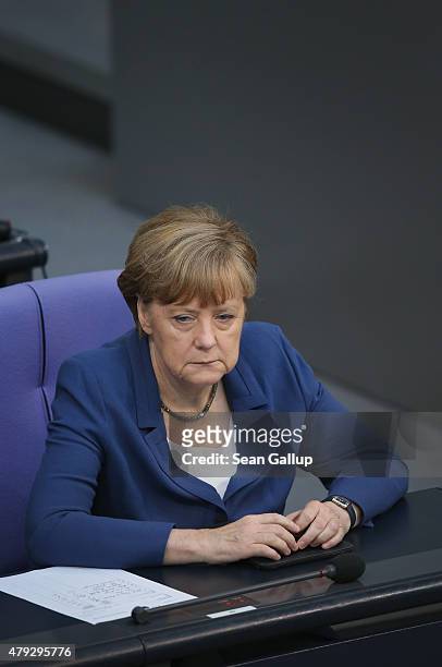 German Chancellor Angela Merkel attends a session of the Bundestag on July 3, 2015 in Berlin, Germany. The Bundestag wrestled with the Greek debt...