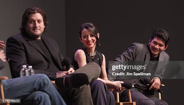 Director Gareth Evans, actors Julie Estelle and Iko Uwais attend "Meet The Filmmakers" at Apple Store Soho on March 17, 2014 in New York City.