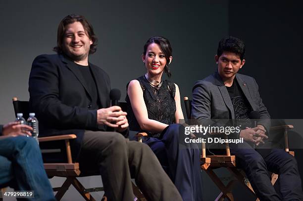 Director Gareth Evans, actress Julie Estelle, and actor Iko Uwais attend "Meet The Filmmakers" at Apple Store Soho on March 17, 2014 in New York City.