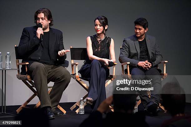 Director Gareth Evans, actress Julie Estelle, and actor Iko Uwais attend "Meet The Filmmakers" at Apple Store Soho on March 17, 2014 in New York City.