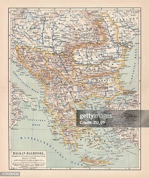 stockillustraties, clipart, cartoons en iconen met balkan peninsula in 1878, lithograph - greece v albania