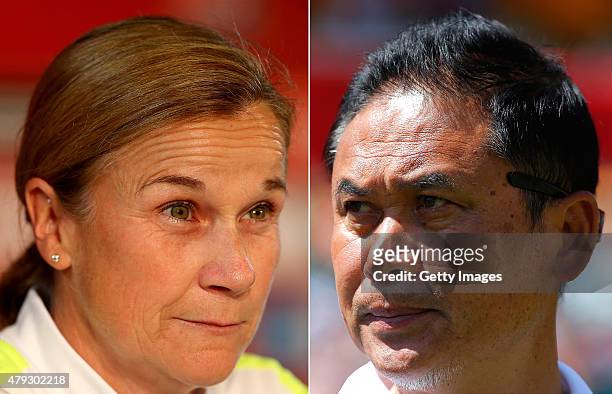 In this composite image a comparison has been made between Head coach Jill Ellis of the U.S and Head Coach Norio Sasaki of Japan. USA and Japan meet...