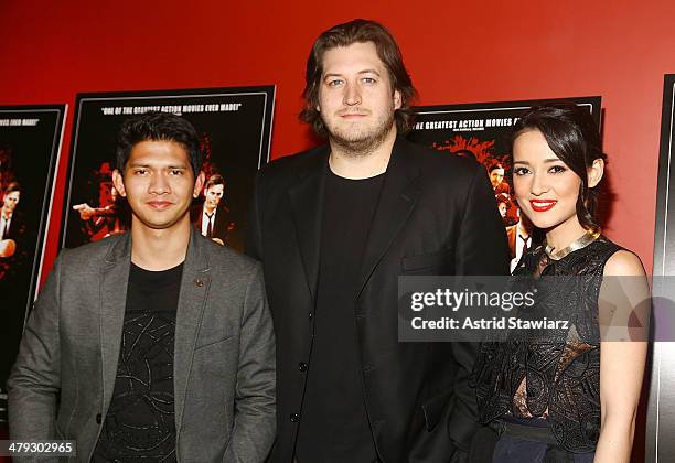 Iko Uwais, director Gareth Evans and Julie Estelle attend "The Raid 2" special screening at Sunshine Landmark on March 17, 2014 in New York City.
