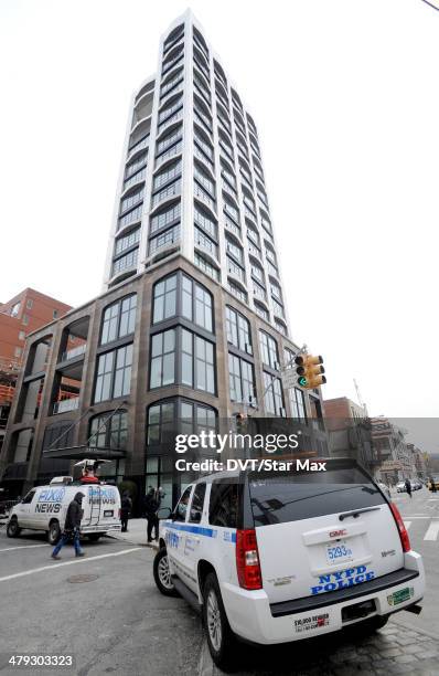 An exterior view of the Chelsea apartment building on March 17, 2014 in New York City, where fashion designer L'Wren Scott was found dead from an...