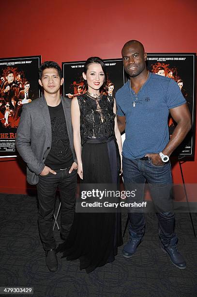 Actors Iko Uwais, Julie Estelle and mixed martial artist Uriah Hall attend "The Raid 2" special screening at Sunshine Landmark on March 17, 2014 in...