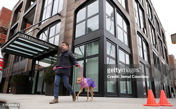 Man walks his dog by the Chelsea apartment building where fashion designer L'Wren Scott was found dead from an apparent suicide on March 17, 2014 in...