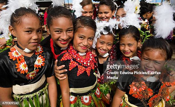 School children wearing traditional costumes celebrate the upcoming Kings Coronation on July 2, 2015 in Nuku'alofa, Tonga. Tonga is preparing for the...