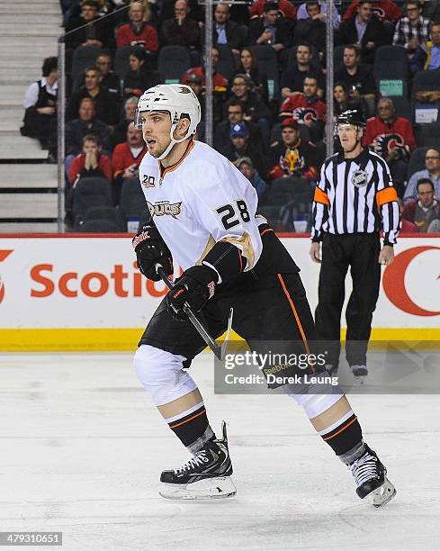 Mark Fistric of the Anaheim Ducks in action against the Calgary Flames during an NHL game at Scotiabank Saddledome on March 12, 2014 in Calgary,...