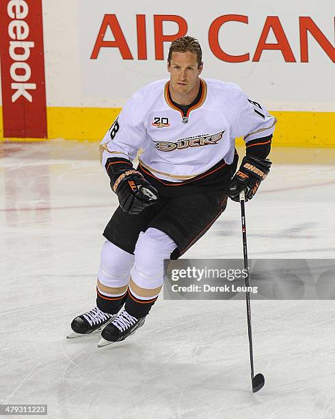 Tim Jackman of the Anaheim Ducks in action against the Calgary Flames during an NHL game at Scotiabank Saddledome on March 12, 2014 in Calgary,...