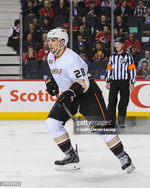 Mark Fistric of the Anaheim Ducks in action against the Calgary Flames during an NHL game at Scotiabank Saddledome on March 12, 2014 in Calgary,...