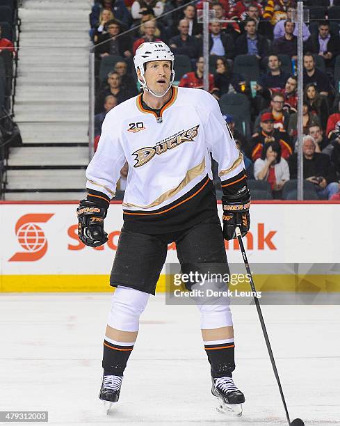 Tim Jackman of the Anaheim Ducks in action against the Calgary Flames during an NHL game at Scotiabank Saddledome on March 12, 2014 in Calgary,...