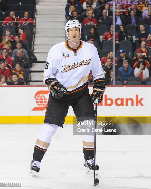 Tim Jackman of the Anaheim Ducks in action against the Calgary Flames during an NHL game at Scotiabank Saddledome on March 12, 2014 in Calgary,...