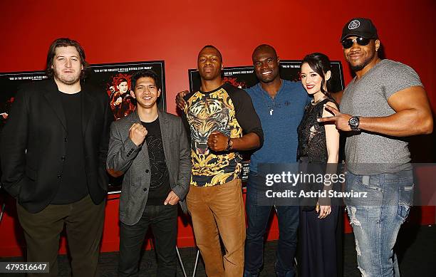 Gareth Evans, Iko Uwais, Wayne Barrett, Uriah Hall, Julie Estelle and Jarrell Miller attend "The Raid 2" special screening at Sunshine Landmark on...