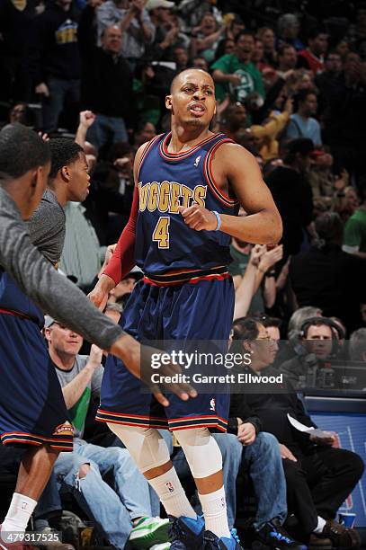Randy Foye of the Denver Nuggets looks on after he hits a three point shot against the Los Angeles Clippers on March 17, 2014 at the Pepsi Center in...