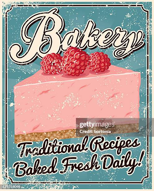 vintage screen printed bakery poster - raspberry cheesecake stock illustrations