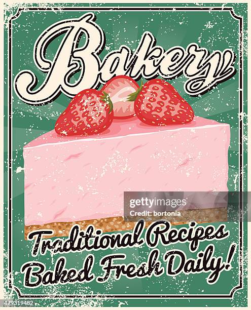 vintage screen printed bakery poster - strawberry pudding stock illustrations