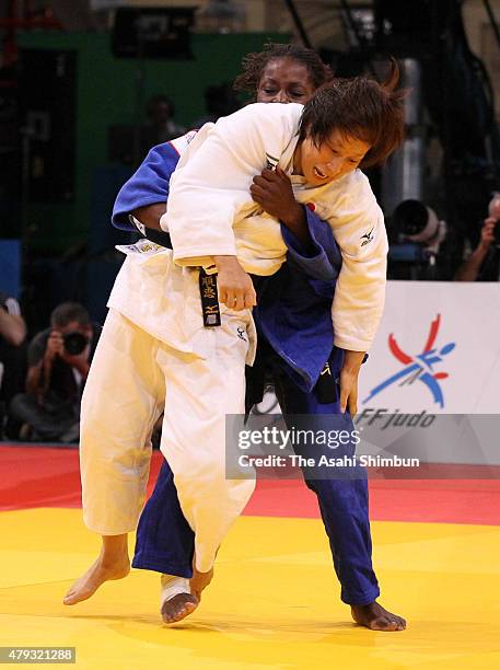 Yoshie Ueno of Japan and Gevrise Emane of France compete in the Women's -63kg Final during day three of the World Judo Championships at the Palais...