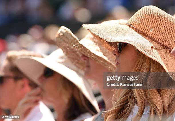 Tennis fans enjoy the action at the Grigor Dimitrov v Richard Gasquet match on day five of the annual Wimbledon Tennis Championships at Wimbledon on...