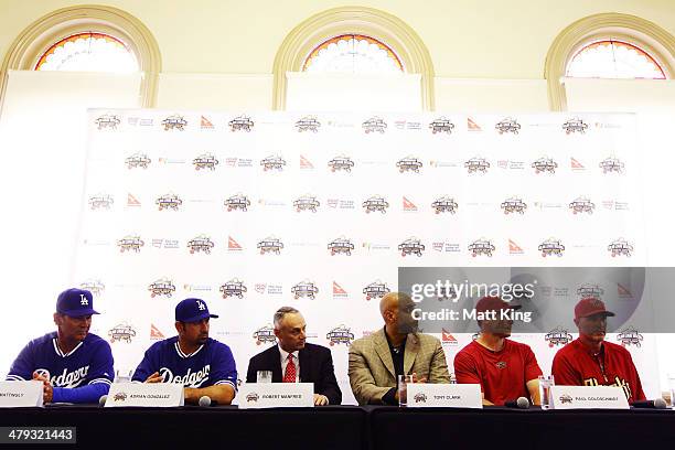 Los Angeles Dodgers Manager Don Mattingly, Los Angeles Dodgers player Adrian Gonzalez, MLB COO Robert Manfred, MLBPA Executive Director Tony Clark,...