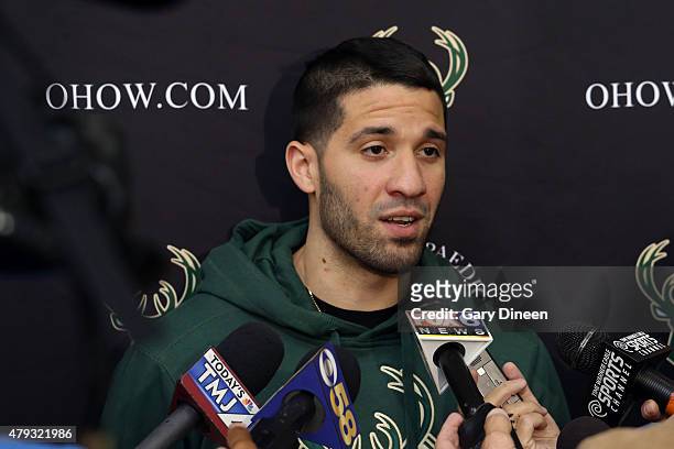 Greivis Vasquez, recently acquired by the Milwaukee Bucks, is introduced to the media during a press conference at the Orthopaedic Hospital of...
