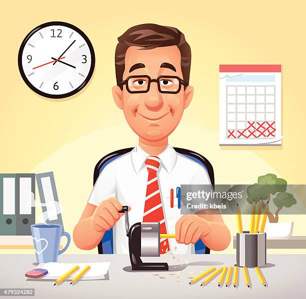 entspannte büroangestellter schärfen stifte - schreibtisch stock-grafiken, -clipart, -cartoons und -symbole
