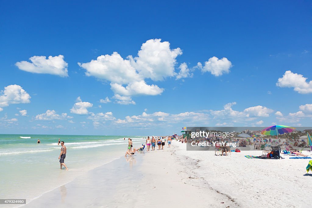 Siesta Key Beach of Florida Gulf Coast with Tourists Sunbathers