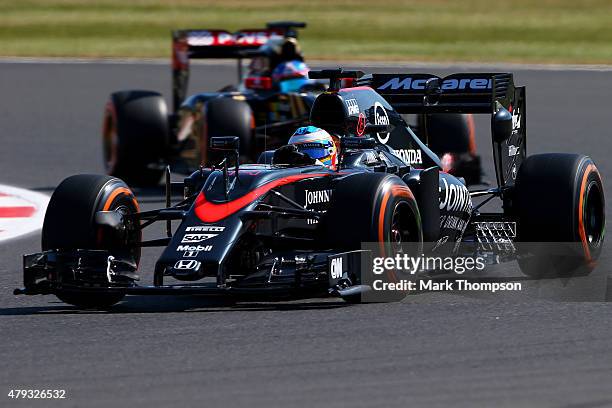 Fernando Alonso of Spain and McLaren Honda drives during practice for the Formula One Grand Prix of Great Britain at Silverstone Circuit on July 3,...