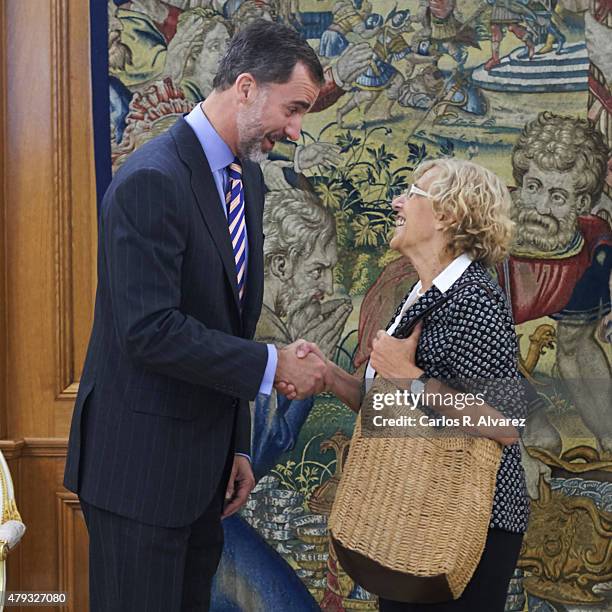 King Felipe VI of Spain receives Madrid Mayor Manuela Carmena at the Zarzuela Palace on July 3, 2015 in Madrid, Spain.