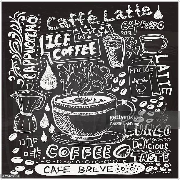 kaffee-elemente skizze in schwarz und weiß - einzelwort stock-grafiken, -clipart, -cartoons und -symbole