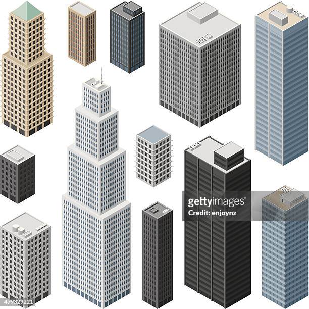 illustrazioni stock, clip art, cartoni animati e icone di tendenza di isometrica di edifici - grattacielo