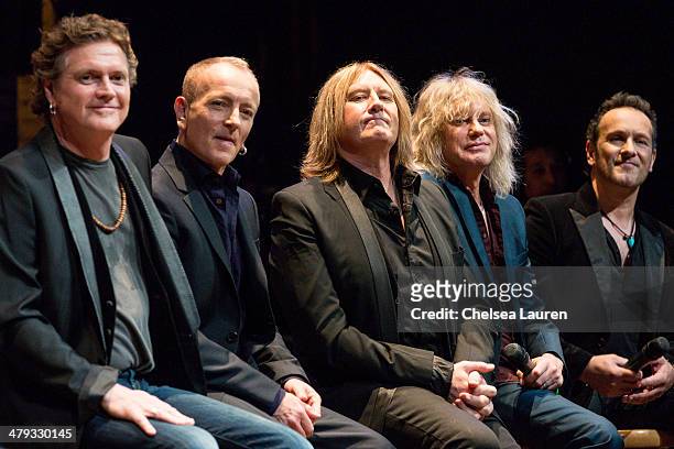 Musicians Rick Allen, Phil Collen, Joe Elliott, Rick Savage and Vivian Campbell of Def Leppard appear at a press conference to announce the KISS and...