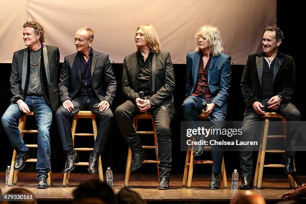 Musicians Rick Allen, Phil Collen, Joe Elliott, Rick Savage and Vivian Campbell of Def Leppard appear at a press conference to announce the KISS and...