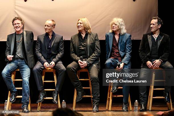 Musicians Rick Allen, Phil Collen, Joe Elliott, Rick Savage and Vivian Campbell of Def Leppard appear at a press conference to announce the KISS and...