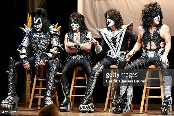 Musicians Gene Simmons, Eric Singer, Tommy Thayer and Paul Stanley of KISS appear at a press conference to announce the KISS and Def Leppard '2014...