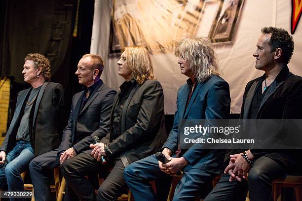 Musicians Rick Allen, Phil Collen, Joe Elliott, Rick Savage and Vivian Campbell of Def Leppard appear at a press conference to announce the KISS and...