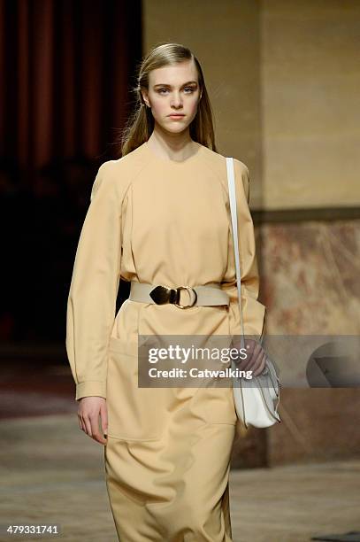 Model walks the runway at the Hermes Autumn Winter 2014 fashion show during Paris Fashion Week on March 5, 2014 in Paris, France.