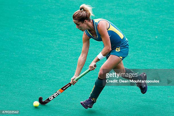 Ashleigh Nelson of Australia in action during the Fintro Hockey World League Semi-Final match between Netherlands and Australia held at KHC Dragons...