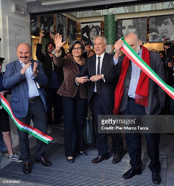 Oscar Farinetti founder of Eataly, Lucia De Cesaris, Mayor of Milan Giuliano Pisapia and Carlo Petrini during opening ceremony of new store on March...