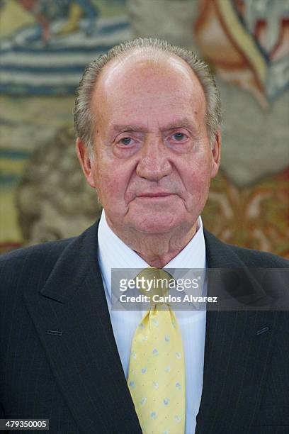 King Juan Carlos of Spain receives "Housing Board of Seville" Foundation members at the Zarzuela Palace on March 18, 2014 in Madrid, Spain.