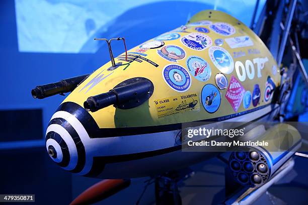 General view of a helicopter on display at a photocall ahead of the opening of the Bond In Motion exhibition at the London Film Museum on March 18,...